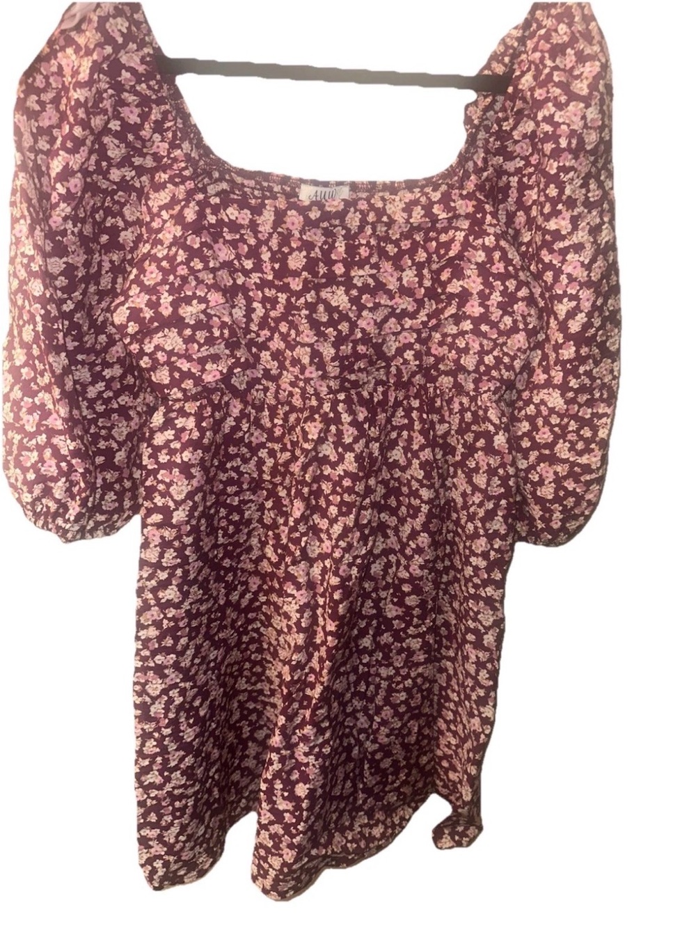Floral Puff Sleeve Mini Dress - Burgundy with pink flowers